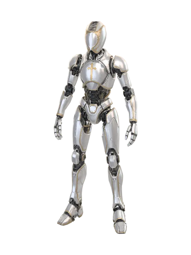 3D model for Same exact robot character, same pose, same body, same colors and details, same head shape and golden trim on the helmet. Remove the central eye/spiral lens detail completely from the face - the face plate should be smooth and featureless in that area, no eye, no spiral, no lens, just smooth metallic surface with the golden trim lines as decoration. Keep everything else identical - white/silver armor with golden trim, golden cross on chest, mechanical body, A-pose, straight level head facing forward, white background.