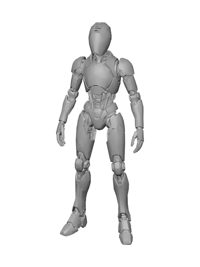 3D model for Same exact robot character, same pose, same body, same colors and details, same head shape and golden trim on the helmet. Remove the central eye/spiral lens detail completely from the face - the face plate should be smooth and featureless in that area, no eye, no spiral, no lens, just smooth metallic surface with the golden trim lines as decoration. Keep everything else identical - white/silver armor with golden trim, golden cross on chest, mechanical body, A-pose, straight level head facing forward, white background.
