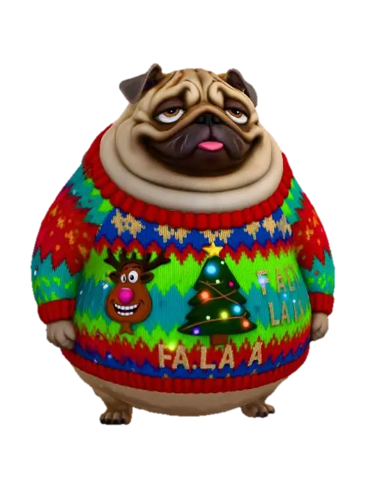 #Christmas2025#, fat xmas pug - Glutton 3D model, vytvořený pomocí AI