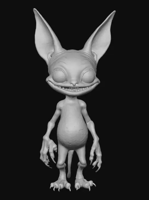 3D model for A stylized, cartoonish creature. It is a light gray color with a textured, and features large, expressive eyes that are a deep blood red. The creature has prominent, elongated ears and a wide mouth filled with sharp, yellowed teeth. Its mouth is open, revealing a red interior. The creature appears to be standing upright with small, stubby arms. The overall form is rounded and somewhat humanoid, The style is reminiscent of a sculpted toy or figurine, with a slightly unsettling, yet playful atmosphere, has sharp talon claws, tim burton style.