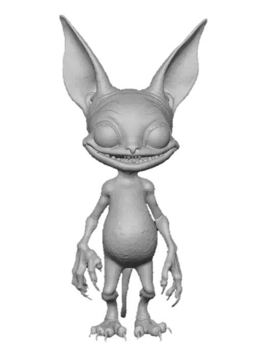 3D model for A stylized, cartoonish creature. It is a light gray color with a textured, and features large, expressive eyes that are a deep blood red. The creature has prominent, elongated ears and a wide mouth filled with sharp, yellowed teeth. Its mouth is open, revealing a red interior. The creature appears to be standing upright with small, stubby arms. The overall form is rounded and somewhat humanoid,  The style is reminiscent of a sculpted toy or figurine, with a slightly unsettling, yet playful atmosphere, has sharp talon claws, tim burton style.