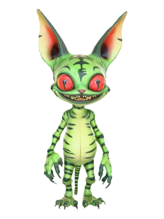 3D model for A stylized, cartoonish creature. It is a light gray color with a textured, and features large, expressive eyes that are a deep blood red. The creature has prominent, elongated ears and a wide mouth filled with sharp, yellowed teeth. Its mouth is open, revealing a red interior. The creature appears to be standing upright with small, stubby arms. The overall form is rounded and somewhat humanoid,  The style is reminiscent of a sculpted toy or figurine, with a slightly unsettling, yet playful atmosphere, has sharp talon claws, tim burton style.