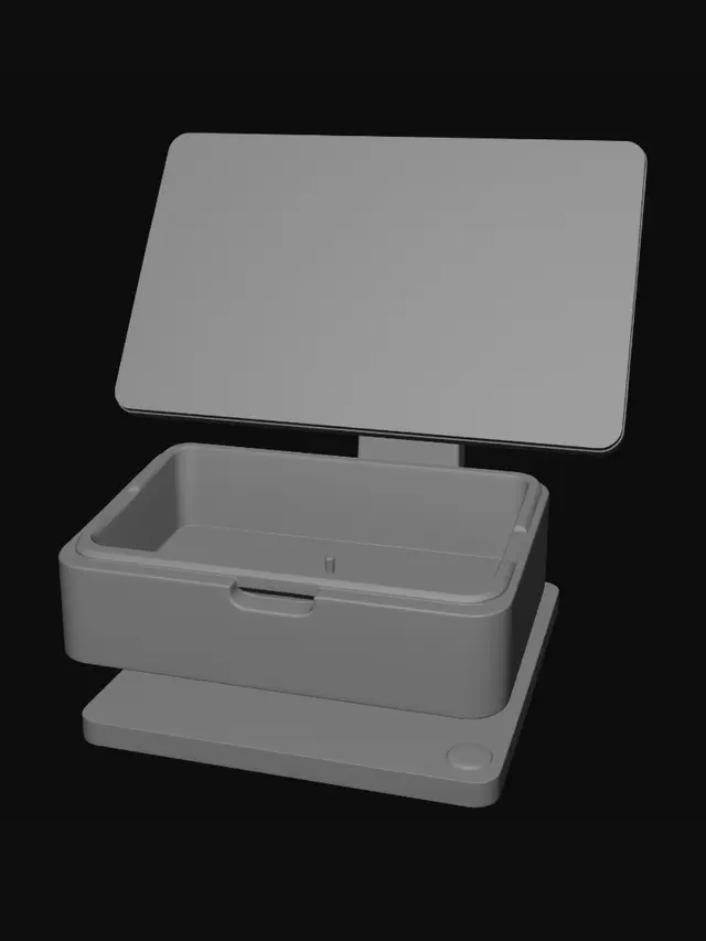 3D model for Sleek minimalist POS cash drawer, all-black matte finish, ultra-thin bezel touchscreen floating above on slim aluminum stand, Apple-store aesthetic, premium retail hardware, photorealistic