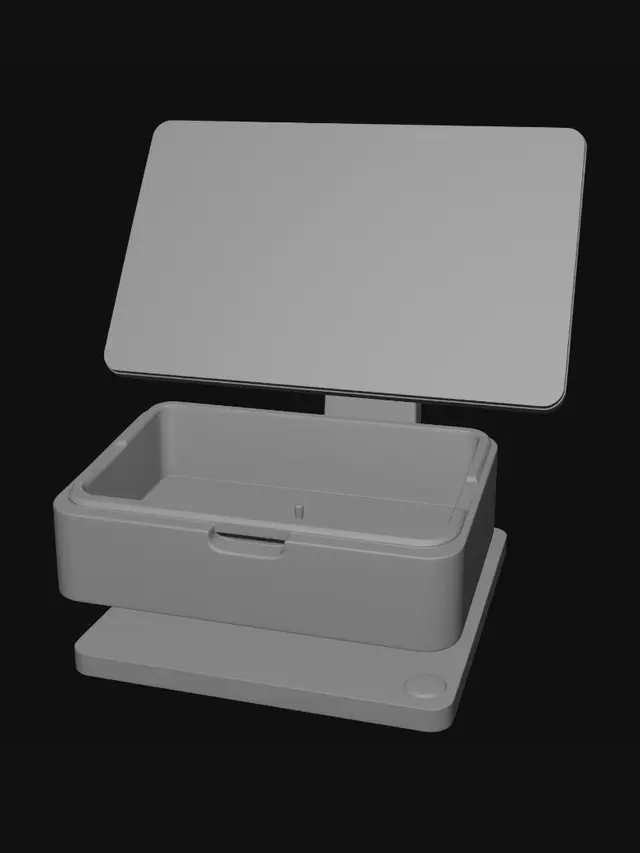 3D model for Sleek minimalist POS cash drawer, all-black matte finish, ultra-thin bezel touchscreen floating above on slim aluminum stand, Apple-store aesthetic, premium retail hardware, photorealistic