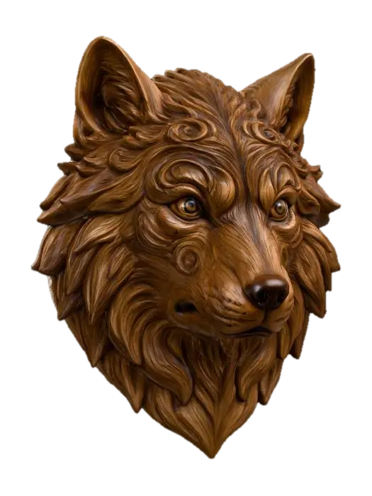 Mystic_Wolf_Carving - Wolfhead 3D model, vytvořený pomocí AI