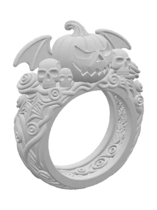 3D model for A gothic Halloween-inspired ring_featuring a menacing jack-o’-lantern centerpiece, flanked by skulls and bat wings. Twisting vines and roses wrap seamlessly around the band, creating a dark yet elegant ornamental design.