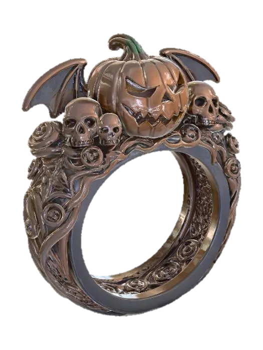3D model for A gothic Halloween-inspired ring_featuring a menacing jack-o’-lantern centerpiece, flanked by skulls and bat wings. Twisting vines and roses wrap seamlessly around the band, creating a dark yet elegant ornamental design.