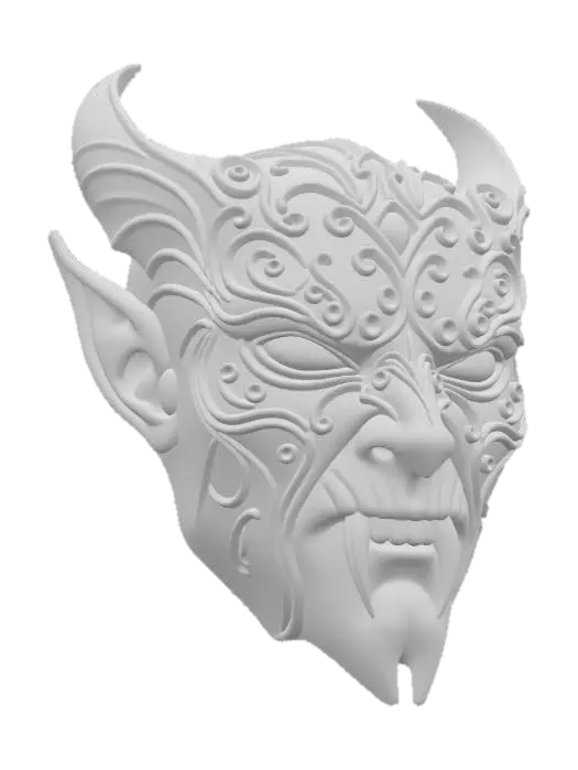 3D model for A gothic vampire mask_ featuring ornate black filigree, glowing red eyes, sharp fangs, and curved horns, designed for a haunting Halloween aesthetic.