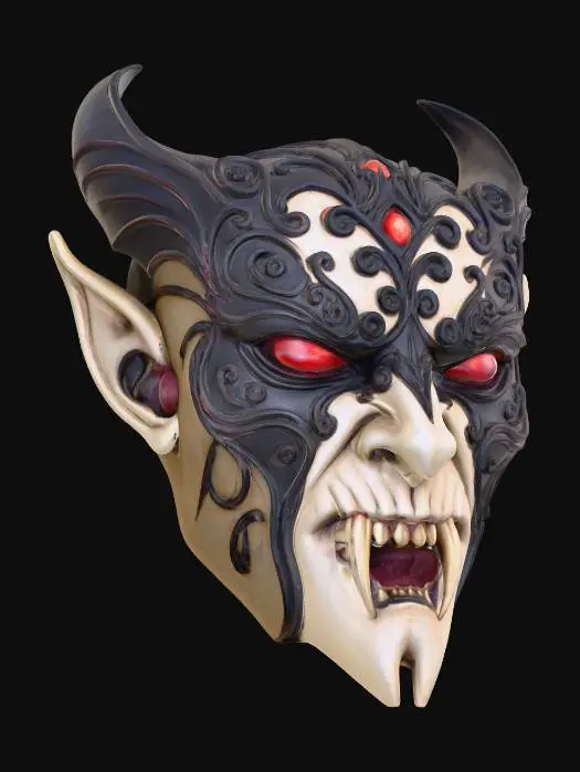 3D model for A gothic vampire mask_ featuring ornate black filigree, glowing red eyes, sharp fangs, and curved horns, designed for a haunting Halloween aesthetic.