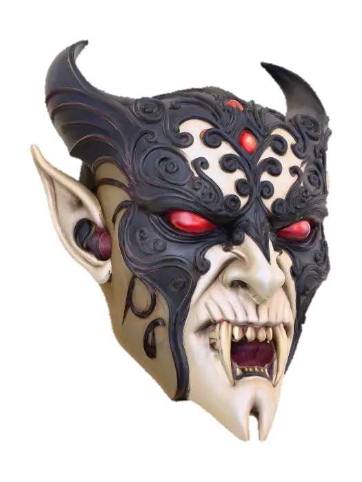 3D model for A gothic vampire mask_ featuring ornate black filigree, glowing red eyes, sharp fangs, and curved horns, designed for a haunting Halloween aesthetic.