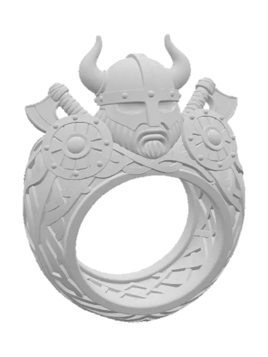 3D model for Viking-inspired ring_Circular band with intertwining runes, knotwork, and carved patterns wrapping seamlessly around. At the crown: a fierce Viking helm with horns, surrounded by shields, axes, and knotwork engravings