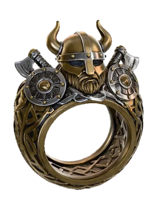 3D model for Viking-inspired ring_Circular band with intertwining runes, knotwork, and carved patterns wrapping seamlessly around. At the crown: a fierce Viking helm with horns, surrounded by shields, axes, and knotwork engravings