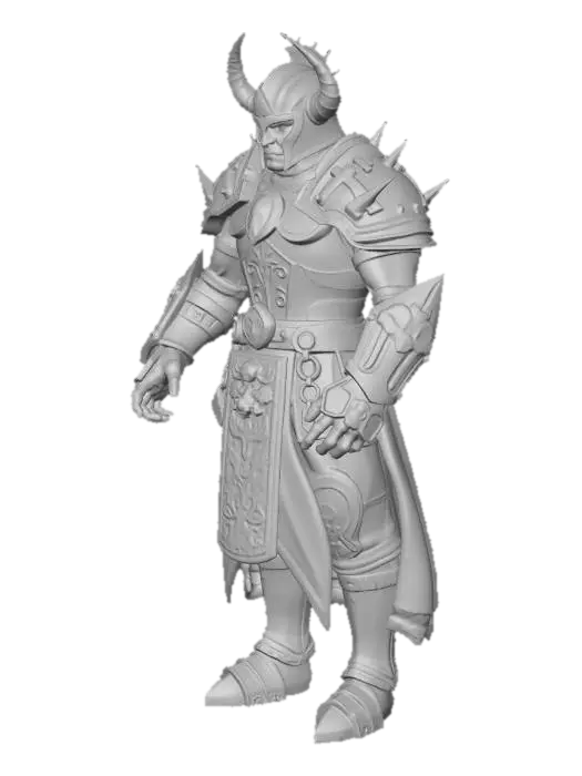 3D model for T-POSE humanoid, arms straight out horizontally to the sides, legs together pointing straight down, head upright, facing forward, symmetric. Adult male orc knight, muscular orc male body, broad shoulders, thick limbs, green skin visible at neck and wrist gaps, intimidating build. Wearing full steel plate knight armor — fully closed great-helm with visor locked shut, head and face completely hidden (no face, eyes, mouth, or skin visible, solid metal faceplate), breastplate, pauldrons, gauntlets, greaves, sabatons, and a cloth tabard. Weathered steel with subtle ornamentation. Strict T-pose only. Plain flat background, no base, no pedestal, no floor, game-ready 3D model. no cloak