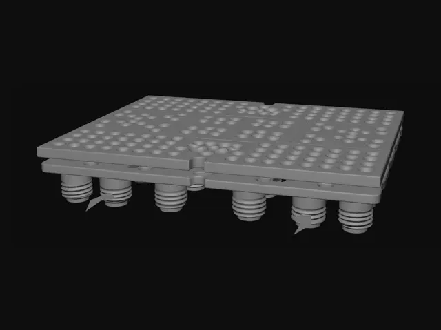 3D model for Create a professional award-winning engineering innovation concept called “Smart Slope-Adjustable Drainage Tile”.

A modular drainage flooring system designed to solve cracked concrete, uneven settlement, poor drainage slope, standing water, and water splashing in front of public buildings.

Show a highly detailed exploded isometric 3D view with:

• Porous composite surface tile (500 x 500 mm)
• Internal water drainage channels
• Structural reinforcement layer
• Adjustable threaded pedestal supports (10–150 mm height adjustment)
• Existing damaged concrete floor underneath

Demonstrate rainwater flowing through the porous surface using realistic blue water-flow arrows. Water passes through the tile, enters hidden drainage channels, and is directed toward a main drainage pipe.

Include:
• B
