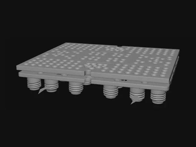 3D model for Create a professional award-winning engineering innovation concept called “Smart Slope-Adjustable Drainage Tile”.

A modular drainage flooring system designed to solve cracked concrete, uneven settlement, poor drainage slope, standing water, and water splashing in front of public buildings.

Show a highly detailed exploded isometric 3D view with:

• Porous composite surface tile (500 x 500 mm)
• Internal water drainage channels
• Structural reinforcement layer
• Adjustable threaded pedestal supports (10–150 mm height adjustment)
• Existing damaged concrete floor underneath

Demonstrate rainwater flowing through the porous surface using realistic blue water-flow arrows. Water passes through the tile, enters hidden drainage channels, and is directed toward a main drainage pipe.

Include:
• B