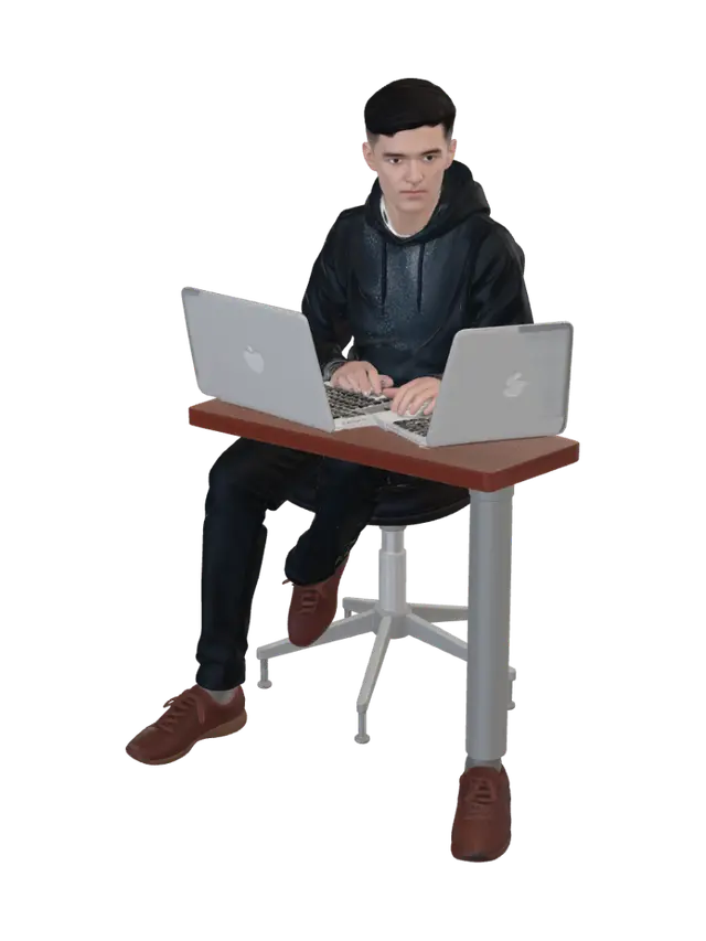 puedes hacer una imagen 3d de una persona en su laptop la cual este programando con… 3D model, vytvořený pomocí AI