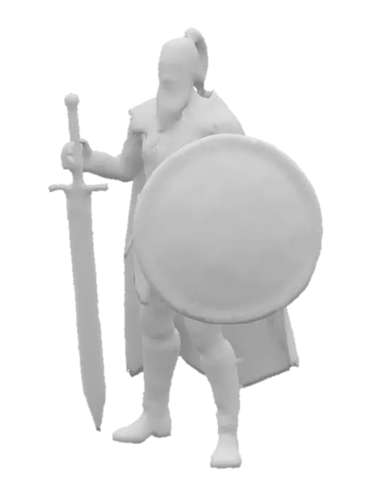 3D model for a man who is 40-50 years old, who has a ponytail, has a big snout, has a cape, on the cape is a red Paw cross, has a Brown Coat and brown black boots, has a with blood-stained sword that looks like out from a soulslike, on the other hand is a round shield from a knight