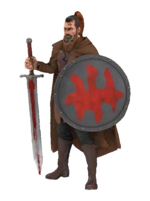 3D model for a man who is 40-50 years old, who has a ponytail, has a big snout, has a cape, on the cape is a red Paw cross, has a Brown Coat and brown black boots, has a with blood-stained sword that looks like out from a soulslike, on the other hand is a round shield from a knight