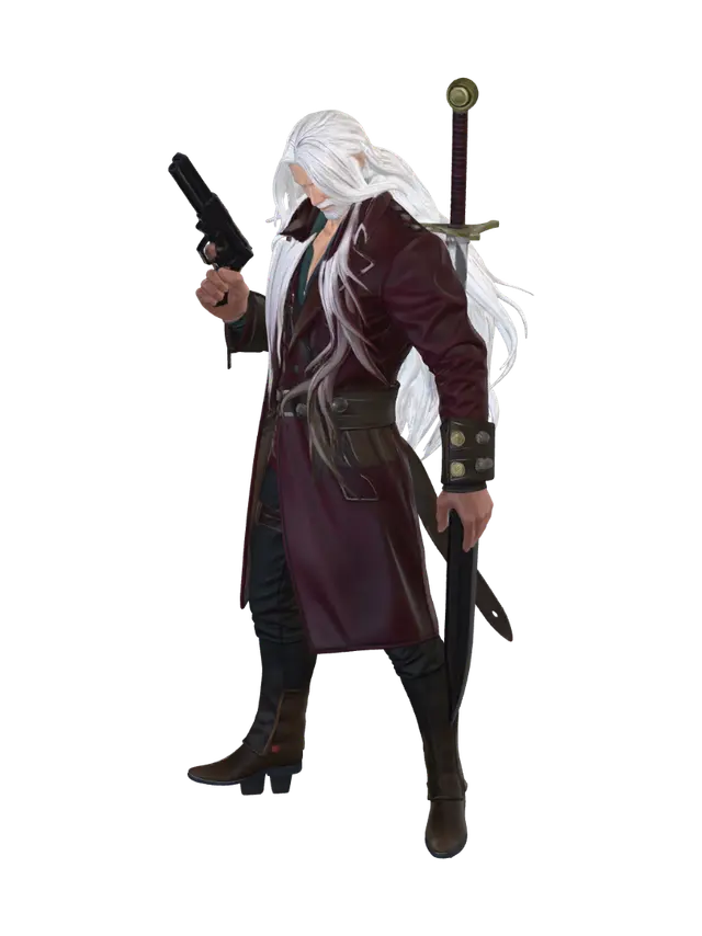 an tall man who has white long hair and a dark red jacket on. he also had an sword… - Redjacket-3D-modell, genererad av AI