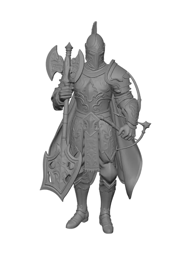3D model for ein ritter in einer silbernen rüstung. man sieht sein gesicht nicht weil es mit einem helm bedeckt ist. er hat eine mittelalterliche axt in der einen hand und in der anderen eine armbrust.