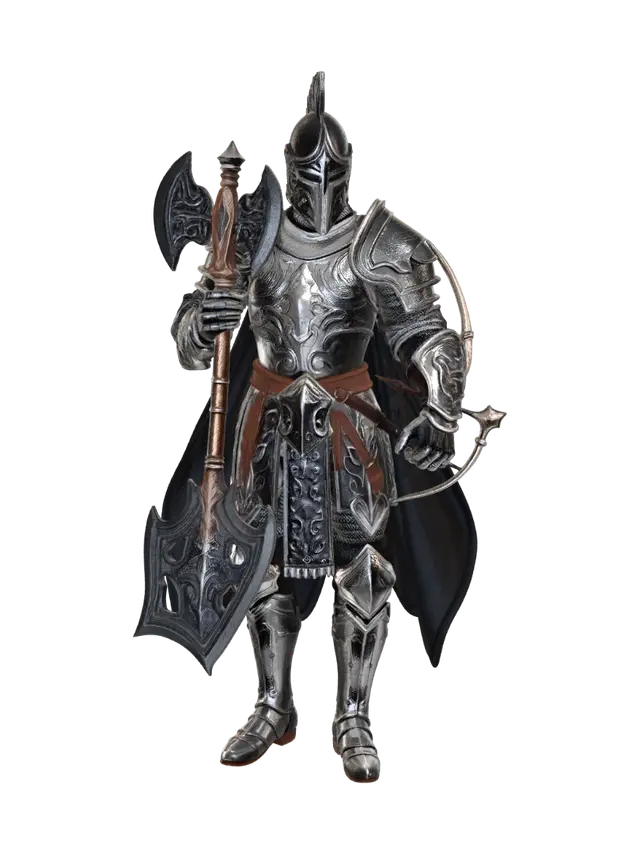 3D model for ein ritter in einer silbernen rüstung. man sieht sein gesicht nicht weil es mit einem helm bedeckt ist. er hat eine mittelalterliche axt in der einen hand und in der anderen eine armbrust.