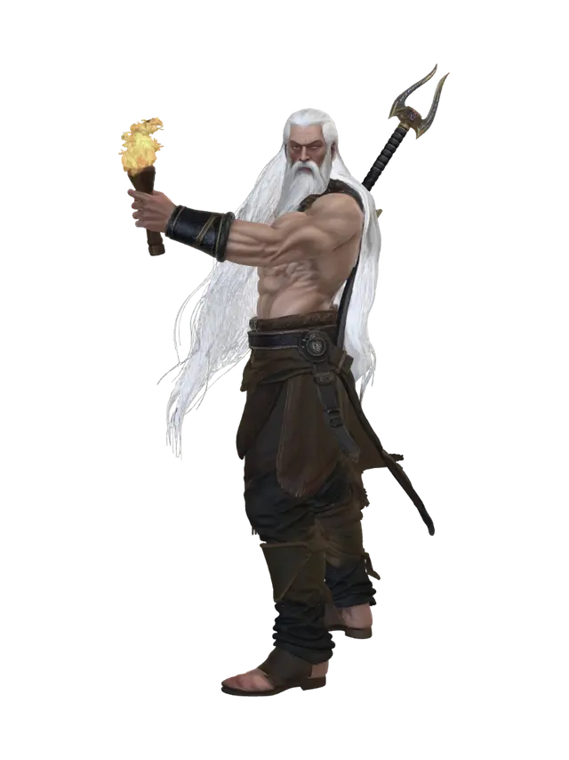 3D model for Ein muskulöser Fantasy-Krieger mit langen weißen Haaren bis zum Hals und Vollbart. Er trägt eine braune Hose und hat zwei Detaillierte Klingen auf dem Rücken. In einer Hand hält er eine brennende Fackel. Heroische Pose.