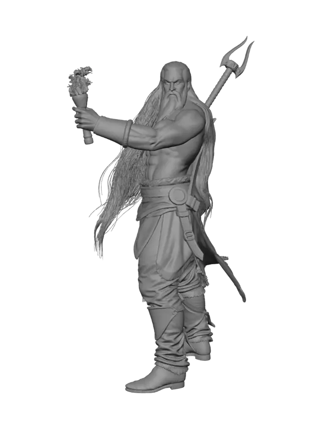 3D model for Ein muskulöser Fantasy-Krieger mit langen weißen Haaren bis zum Hals und Vollbart. Er trägt eine braune Hose und hat zwei Detaillierte Klingen auf dem Rücken. In einer Hand hält er eine brennende Fackel. Heroische Pose.