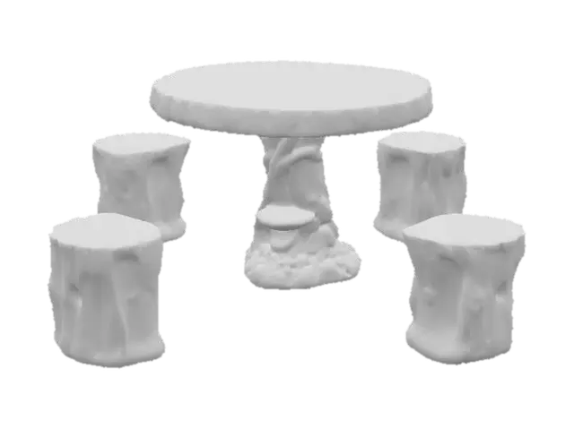 3D model for 一套家具，包括一张圆桌和四张凳子，均以树桩和树根的雕刻而成。圆桌桌面呈现年轮纹理，边缘光滑，由扭曲的深棕色树根状底座支撑，底座旁有一个小平台摆放着一盆绿色植物。四张凳子是圆柱形的树桩状，表面有逼真的树皮纹理。整体材质以木材雕刻后铺上亮面的光油，呈现棕色和深褐色，质感光滑。