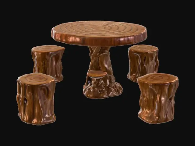 3D model for 一套家具,包括一张圆桌和四张凳子,均以树桩和树根的雕刻而成。圆桌桌面呈现年轮纹理,边缘光滑,由扭曲的深棕色树根状底座支撑,底座旁有一个小平台摆放着一盆绿色植物。四张凳子是圆柱形的树桩状,表面有逼真的树皮纹理。整体材质以木材雕刻后铺上亮面的光油,呈现棕色和深褐色,质感光滑。
