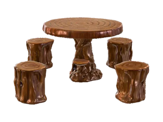 3D model for 一套家具，包括一张圆桌和四张凳子，均以树桩和树根的雕刻而成。圆桌桌面呈现年轮纹理，边缘光滑，由扭曲的深棕色树根状底座支撑，底座旁有一个小平台摆放着一盆绿色植物。四张凳子是圆柱形的树桩状，表面有逼真的树皮纹理。整体材质以木材雕刻后铺上亮面的光油，呈现棕色和深褐色，质感光滑。