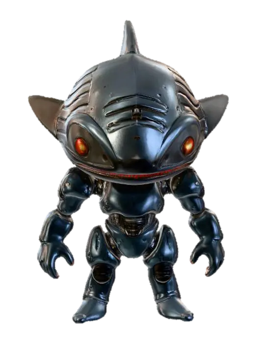 3D model for game figure#, Design a highly detailed, realistic 3D model of a cyborg shark humano , intensity, and readiness for battle.