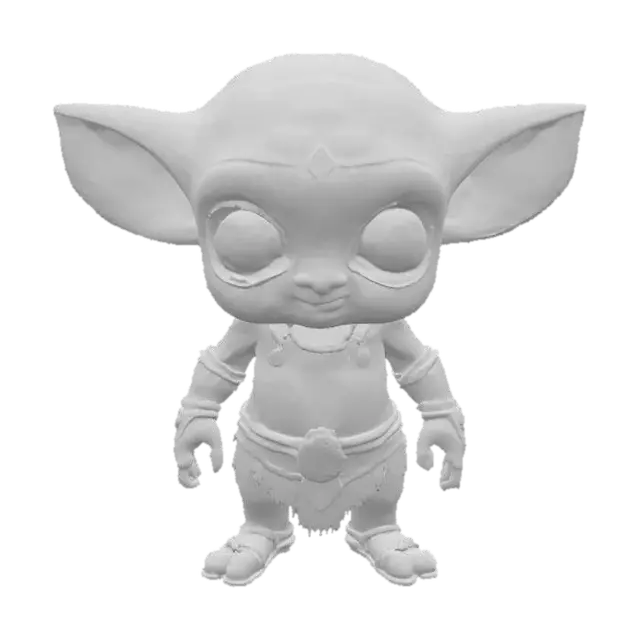 3D model for cute chibi baby yoda alien tribal adventurer, stylized cartoon look, ethereal skin slighty glowing eyes, vibrant colors, extreme details, well lit,