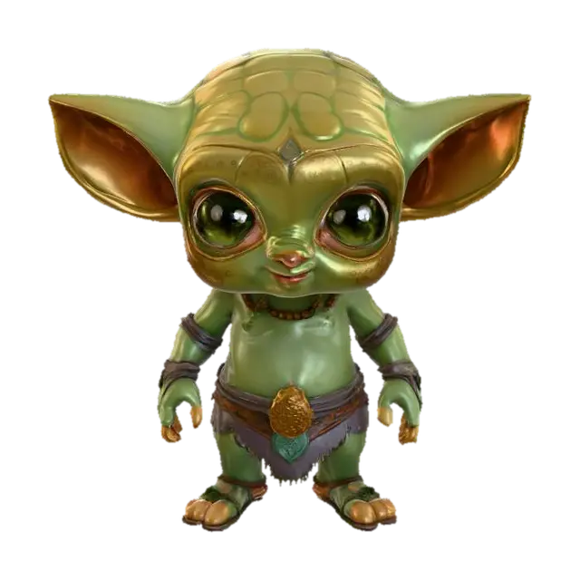 3D model for cute chibi baby yoda alien tribal adventurer, stylized cartoon look, ethereal skin slighty glowing eyes, vibrant colors, extreme details, well lit,