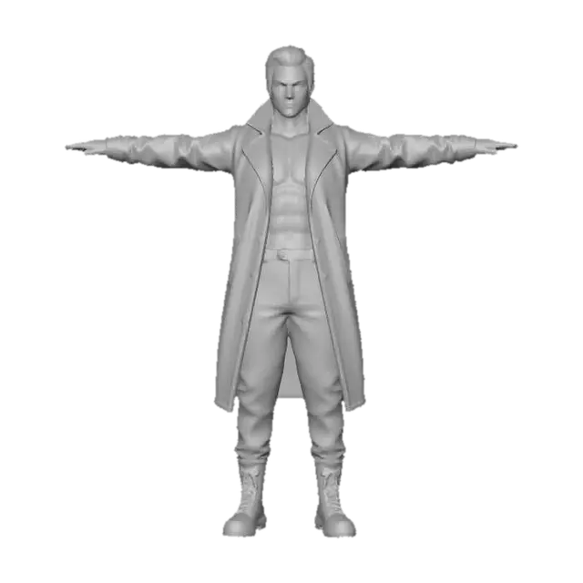 3D model for 一个高度精细、风格化且逼真的3D模型,描绘了巅峰时期的香港艺人刘德华。他身着敞开的亮蓝色、光泽度极高的纳米复合材料外套,搭配同色长裤和黑色漆皮战术靴,露出健硕的腹肌。模型表情严肃,眼神坚定,气质不凡,全身细节精致,融合了独特的街头潮流风格。该模型整体光滑流畅,拥有8K纹理,通过Octane渲染呈现出电影级的视觉效果