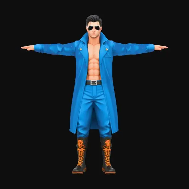 3D model for 一个高度精细、风格化且逼真的3D模型，描绘了巅峰时期的香港艺人刘德华。他身着敞开的亮蓝色、光泽度极高的纳米复合材料外套，搭配同色长裤和黑色漆皮战术靴，露出健硕的腹肌。模型表情严肃,眼神坚定，气质不凡，全身细节精致，融合了独特的街头潮流风格。该模型整体光滑流畅,拥有8K纹理，通过Octane渲染呈现出电影级的视觉效果