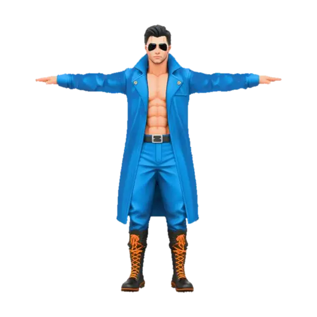 3D model for 一个高度精细、风格化且逼真的3D模型,描绘了巅峰时期的香港艺人刘德华。他身着敞开的亮蓝色、光泽度极高的纳米复合材料外套,搭配同色长裤和黑色漆皮战术靴,露出健硕的腹肌。模型表情严肃,眼神坚定,气质不凡,全身细节精致,融合了独特的街头潮流风格。该模型整体光滑流畅,拥有8K纹理,通过Octane渲染呈现出电影级的视觉效果