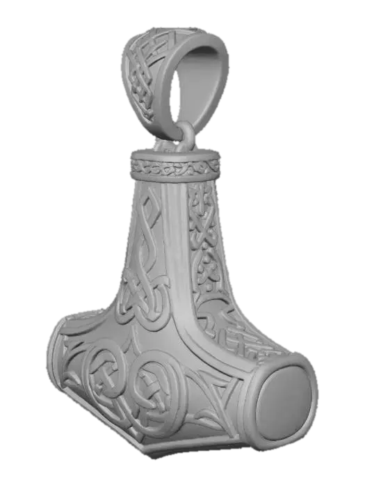 3D model for A substantial pendant crafted from antiqued sterling silver, shaped like a stylized Mjolnir, Thor's hammer. Its surface exhibits a slightly hammered texture, giving it a rugged, battle-worn feel, with deeply etched Norse knotwork patterns. The edges are solid and defined, reflecting light subtly, while a polished, dark finish enhances the intricate details. It feels weighty and powerful, designed to hang boldly.