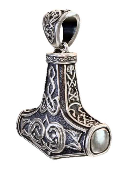 3D model for A substantial pendant crafted from antiqued sterling silver, shaped like a stylized Mjolnir, Thor's hammer. Its surface exhibits a slightly hammered texture, giving it a rugged, battle-worn feel, with deeply etched Norse knotwork patterns. The edges are solid and defined, reflecting light subtly, while a polished, dark finish enhances the intricate details. It feels weighty and powerful, designed to hang boldly.