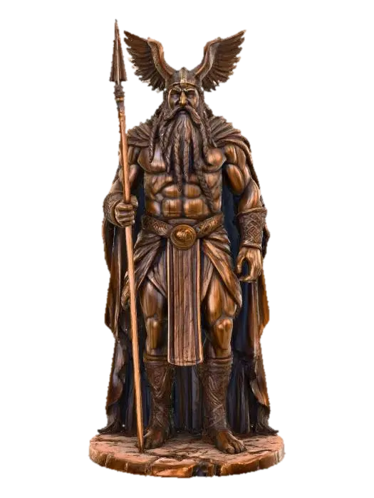 A stoic Odin statue, meticulously carved from dark, aged hardwood, stands with a… 3D model, vytvořený pomocí AI