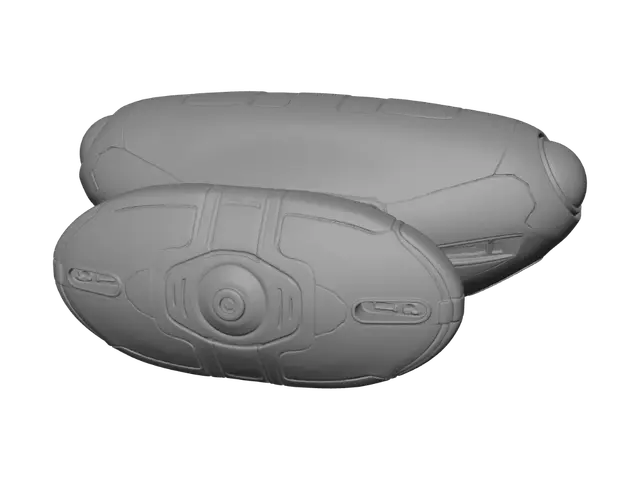 3D model for A small sleek sci-fi combat drone, single compact rounded aerodynamic pod hull, one circular sensor lens set in the front, smooth clean hard-surface panels, no wings, symmetrical, game-ready hard-surface asset.