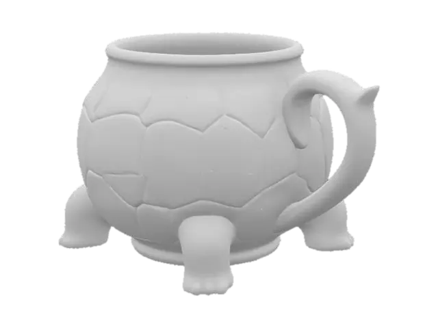 3D model for A ceramic turtle-shaped mug with a rounded, dome-like body forming the main cup, approximately 4 inches tall and 5 inches wide. The outer shell texture features raised, hexagonal segments across the surface, mimicking a real turtle’s carapace with slight indents between each plate. The mug's opening is circular, smooth-rimmed, and slightly wider than the shell's top, with a gentle lip for sipping. Four stubby turtle legs extend from the base, rounded and integrated into the mug's bottom for stability. A small sculpted turtle head protrudes from the front, with simple raised eyes and nostrils. The handle curves from the rear like a thick turtle tail, arched for a comfortable grip. The inside is smooth and fully hollow.