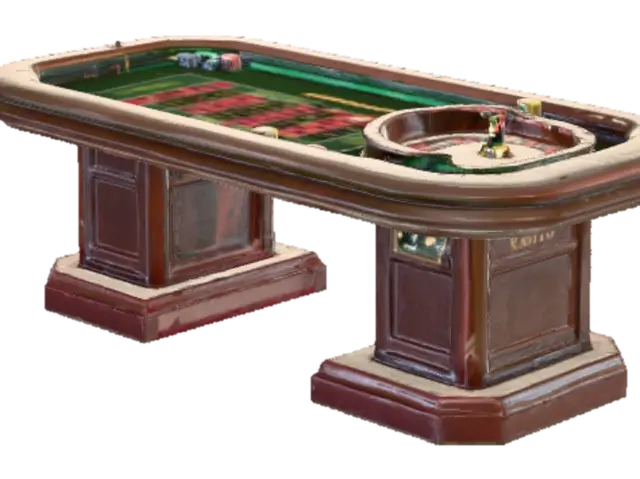 A realistic casino roulette table with a polished wooden base, deep green felt… 3D model, vytvořený pomocí AI