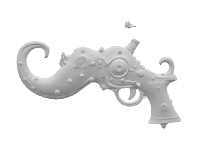 3D model for A whimsical, steampunk-inspired handheld weapon shaped like an oversized curled mustache. The mustache is metallic with polished brass edges, copper rivets, and engraved swirls for detail. The trigger and grip emerge seamlessly from the center, wrapped in dark leather. Small pressure gauges, tiny steam vents, and a rotating gear near the handle give it an old-fashioned mechanical charm, as if it fires bursts of comedic yet powerful energy.