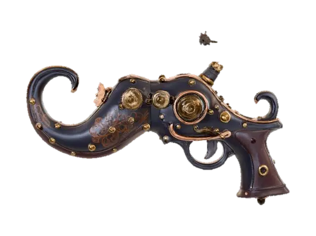 3D model for A whimsical, steampunk-inspired handheld weapon shaped like an oversized curled mustache. The mustache is metallic with polished brass edges, copper rivets, and engraved swirls for detail. The trigger and grip emerge seamlessly from the center, wrapped in dark leather. Small pressure gauges, tiny steam vents, and a rotating gear near the handle give it an old-fashioned mechanical charm, as if it fires bursts of comedic yet powerful energy.