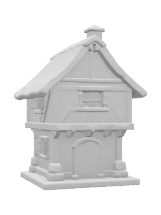 3D model for A small medieval house with a rectangular base and timber-framed walls filled with wattle-and-daub, featuring exposed wooden beams in a crisscross pattern. The roof is steeply pitched and thatched with straw, slightly uneven, with a short stone chimney off-center. The house sits on a low stone foundation. A single thick wooden door with iron hinges and a small handle is centered on the front wall. Windows are narrow slits with wooden shutters, no glass. A lean-to woodshed is attached to one side. The yard is enclosed with a crude wooden fence and includes stacked firewood, a small vegetable garden, and a chicken coop. Ground is packed dirt with patches of grass, and a stone path leads from the door to a nearby dirt road.
