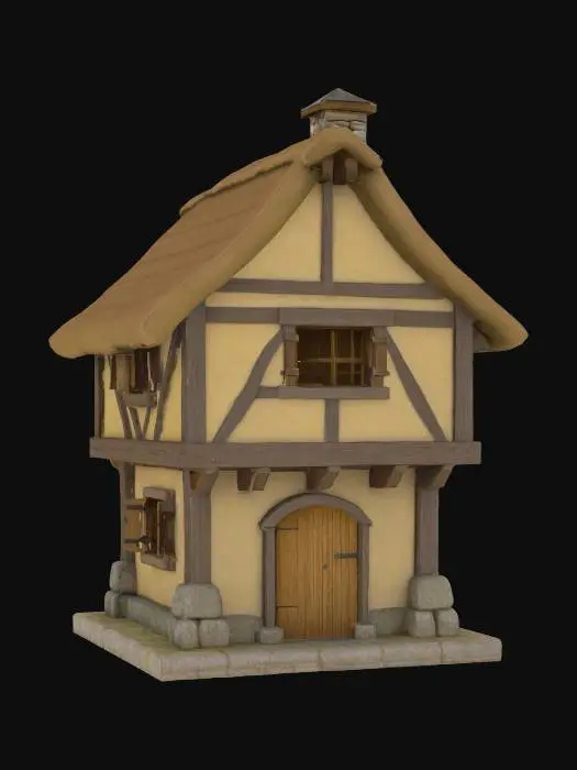 3D model for A small medieval house with a rectangular base and timber-framed walls filled with wattle-and-daub, featuring exposed wooden beams in a crisscross pattern. The roof is steeply pitched and thatched with straw, slightly uneven, with a short stone chimney off-center. The house sits on a low stone foundation. A single thick wooden door with iron hinges and a small handle is centered on the front wall. Windows are narrow slits with wooden shutters, no glass. A lean-to woodshed is attached to one side. The yard is enclosed with a crude wooden fence and includes stacked firewood, a small vegetable garden, and a chicken coop. Ground is packed dirt with patches of grass, and a stone path leads from the door to a nearby dirt road.
