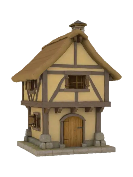 3D model for A small medieval house with a rectangular base and timber-framed walls filled with wattle-and-daub, featuring exposed wooden beams in a crisscross pattern. The roof is steeply pitched and thatched with straw, slightly uneven, with a short stone chimney off-center. The house sits on a low stone foundation. A single thick wooden door with iron hinges and a small handle is centered on the front wall. Windows are narrow slits with wooden shutters, no glass. A lean-to woodshed is attached to one side. The yard is enclosed with a crude wooden fence and includes stacked firewood, a small vegetable garden, and a chicken coop. Ground is packed dirt with patches of grass, and a stone path leads from the door to a nearby dirt road.