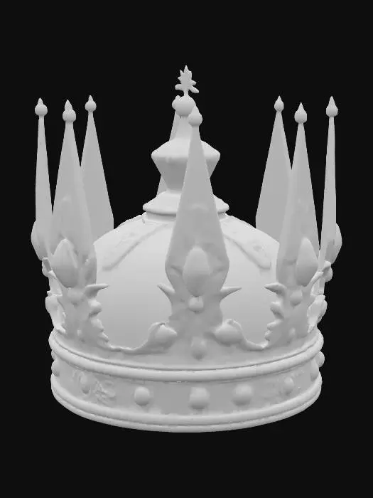 3D model for Regal king’s crown crafted from aged gold with tall, evenly spaced spires, each tipped with a polished red gem. The band is thick and slightly weathered, engraved with intricate vine-like filigree and small lion and eagle emblems. Velvet padding lines the inner rim. Between each spire, smaller arches curve inward, resembling Gothic window shapes. At the front, a larger central gem—deep crimson or emerald—sits in an ornate setting. Crown has weight and authority, suited for a powerful medieval ruler. No modern elements; all design rooted in medieval royalty aesthetics.