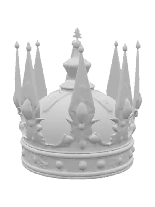3D model for Regal king’s crown crafted from aged gold with tall, evenly spaced spires, each tipped with a polished red gem. The band is thick and slightly weathered, engraved with intricate vine-like filigree and small lion and eagle emblems. Velvet padding lines the inner rim. Between each spire, smaller arches curve inward, resembling Gothic window shapes. At the front, a larger central gem—deep crimson or emerald—sits in an ornate setting. Crown has weight and authority, suited for a powerful medieval ruler. No modern elements; all design rooted in medieval royalty aesthetics.