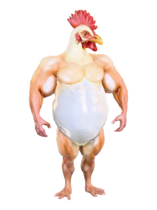 A large chicken egg with a glossy white shell, seamlessly sprouting a muscular… - Bodybuilder 3D model, vytvořený pomocí AI